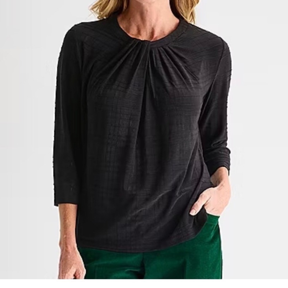 Liz Claiborne Black Pleated Tunic Top 3/4 Sleeve Zipper‎ Size M NWT Jacquard